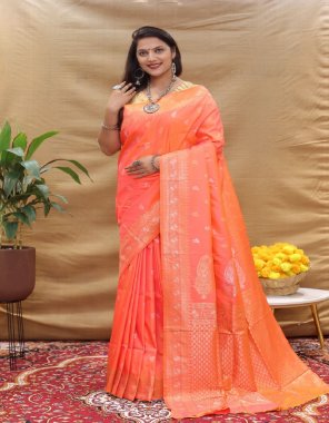 orange kanchipuram pure soft silk handloom saree fabric weaving work casual 
