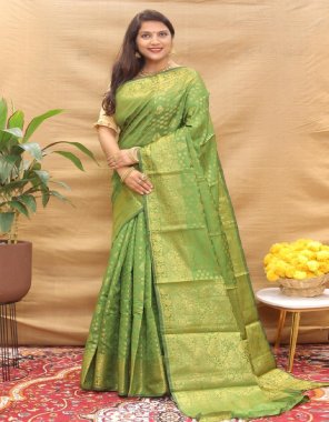 parrot green lichi silk weaving gold zari fabric weaving work festive 