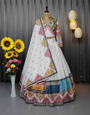 white lehenga - soft buttersilk with fancy digital printed & real mirror work | inner - micro cotton | length - 42 - 44 inch | flair - 4 m | type  - stitched | choli - soft buttersilk with fancy digital print work & real mirror work | size - 1.20m unstitched | dupatta - soft buttersilk digital printed & real mirror work ( 2.20 m) fabric digital printed work casual 