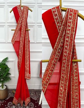 red saree -  georgette with embroidery sequance work | blouse - mono banglory with lace border fabric sequance work work ethnic 