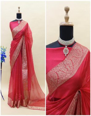 red soft organza with banarasi concept saree with running blouse fabric weaving work festive 