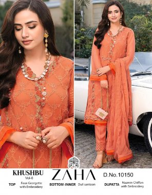 orange top - faux georgette with fancy embroidery | bottom - inner - dull santoon | dupatta - nazmin chiffon with embroidery ( pakistani copy ) fabric embroidery work casual 