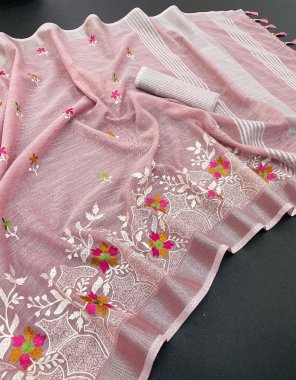 pink handloom linen with multi embroidery work with tassels | blouse - running weaving blouse fabric embroidery work casual 