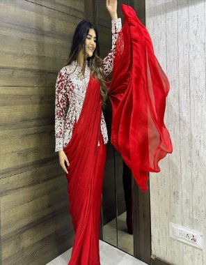 red fabric - soft apple rangoli silk | stitching - ready to wear | full stitched | koti blouse - banglory silk with embroidery codding work ( full stitch work ) | stitch - full stitched upto 42 fabric embroidery work casual 