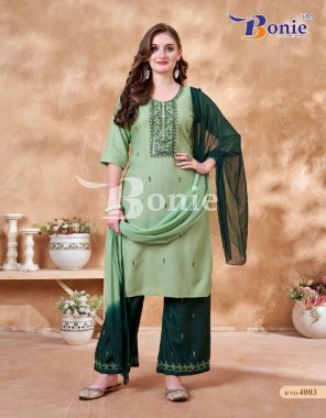 parrot green top / pant - rayon | dupatta - nazmeen  fabric embroidery work ethnic 