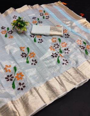 sky blue linen cotton with zari weaving checks pattern and mukesh work | running blouse fabric weaving work ethnic 