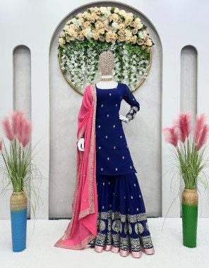 navy blue suit - faux georgette | inner - micro | work - thread with sequance | length - 39-40| size - m ( 38 ) | l ( 40 ) | xl ( 42 ) | sharara - faux georgette | inner - micro | work - thread with sequance | size - free ( full stitched with elastic ) |  dupatta - faux georgette with thread with sequance work  ( 2.2 m) fabric thread work work casual 