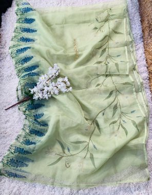 parrot green premium organza with handwork | blouse - matching silk fabric handwork work casual 