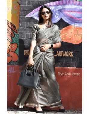 grey kota doriya silk gold border | blouse - running blouse fabric printed work party wear 