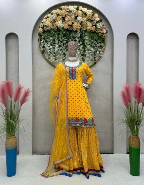 yellow suit - faux georgette | inner - micro | work - thread with sequance work | length - 41 | size - m ( 38 ) | l ( 40 ) | xl ( 42 ) | sharara - faux georgette | inner - micro | work - thread with sequance work | length - 43 - 44 | size - free ( full stitched with elastic ) | dupatta - soft net thread with sequance work ( 2.2 m) fabric embroidery work party wear 