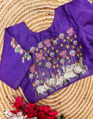 purple pure silk with handcrafted work  fabric printed work festive 