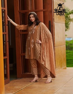 brown top - georgette with crepe inner | bottom - cotton satin stretchable | dupatta - pure chinon with embroidery fabric embroidery work casual 