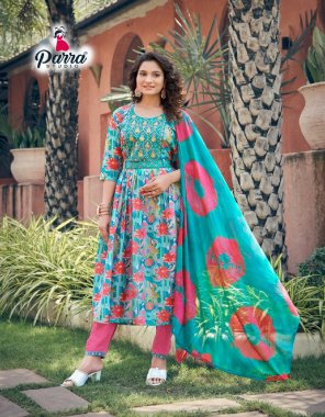 sky blue top - maslin digital printed embroidery sequance work and half inner | pant - silk bottom with embroidery work | dupatta - chinon dupatta seburi dyeing | length - 46 