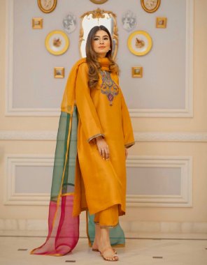 yellow top - rayon silk | work - fancy embroidery work | sleeves - full sleeves with embroidery work border | inner - micro cotton | top length - 46 - 47 inch | top size - xl full stitched with xxl margin | bottom - rayon silk with fancy embroidery work lace border | bottom length - 40 - 42 inch upto xxl | dupatta - organza silk with multi color patta work ( 2.1 m) fabric embroidery work festive 
