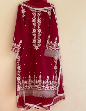 red top - faux georgette | work - fancy embroidery thread work | sleeves - full sleeves with embroidery work |inner - micro cotton | top length - 42 - 43 inch | top size - xl full stitched with xxl margin | bottom - heavy buttersilk  | bottom length - 40 - 42 inch upto xxl | dupatta - organza silk embroidery thread work with lace border ( 2.1 m) fabric embroidery work casual 