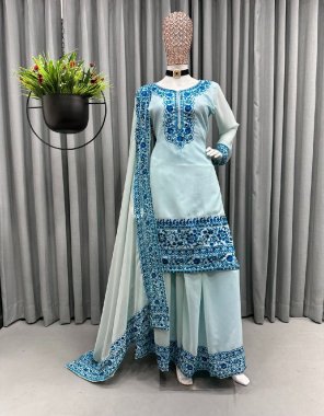 sky blue top - faux georgette | work - embroidery with sequance | inner - crep | stitching type - full stitch upto 42 | dupatta - georgette with embroidery sequance ( 2.20 m) | sharara - embroidery | stitch - full stitch upto 44 with elastic  fabric embroidery work party wear 