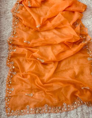 orange pure organza with  golden handcrafted | blouse - white silk fabric hancrafted work festive 