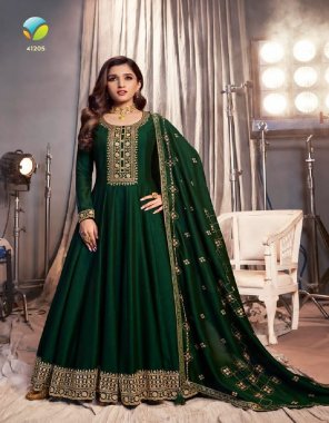 dark green top - art silk embroidery ( semi stitched ) | sleeves - art silk with embroidery work ( full sleeves ) | inner - santoon ( attached with top ) | bottom - santoon ( material ) | dupatta - art silk embroidery four side lace work | top length - 56  inches | bust size - upto 48 inches ( semi stitched ) | bottom size - 2.25 m | dupatta - 2.25 m | type - semi stitched  fabric embroidery work party wear 