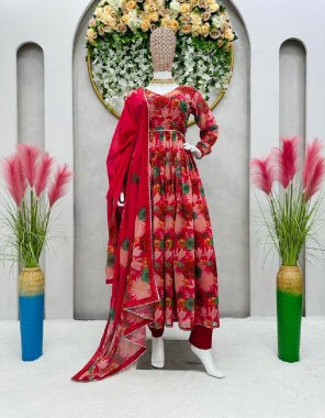 red suit - faux georgette with inner | work - digital print with hand work | size - m ( 38 ) | l ( 40 ) | xl ( 42 ) | pant - crep with lace work | size - free ( stitched with elastic ) | dupatta - faux georgette digital printed and fancy lace ( 2.2 m) fabric digital printed work festive 