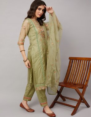 mahendi kurti - organza | bottom - chinon | dupatta - organza | inner - crepe | kurti length - 46 fabric embroidery work party wear 