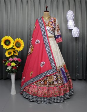 white lehenga - soft buttersilk | inner - micro cotton| length - 42 - 44 inch | flair - 4 | type - stitched | choli - soft buttersilk with fancy digital printed & real mirror work | size - 1.20 m ( unstitched ) | dupatta - soft buttersilk with fancy digital printed & real mirror work ( 2.20 m) fabric printed work casual 