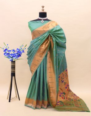 sky blue paithani pure silk handloom saree with copper jari  fabric weaving work festive 