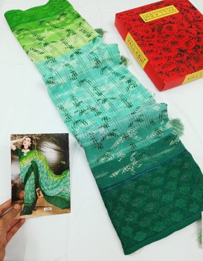 parrot green georgette printed party wear saree  fabric printed work festive 