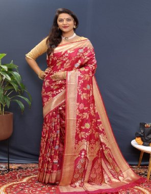red pure  silk handloom saree  fabric weaving work party wear 