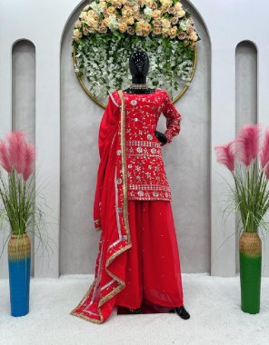 red top - foux georgette | inner - micro | work - thread with sequance work | stitch - m ( 38)  | l ( 40 ) | xl ( 42 ) | sharara - faux georgette | stitch - full stitch upto 44 with elastic with rivet moti work | dupatta - foux georgette with thread sequance work moti work  fabric thread work work festive 
