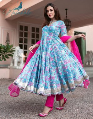 sky blue gown - soft chanderi silk | work - digital printed | inner - full inner in all designs | pant - pure fabric | length - max upto 55 inch | flair - 4 to 4.5 m fabric digital printed work party wear 