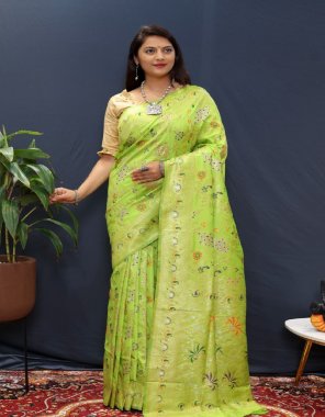 parrot green pure soft silk handloom saree with gold jari fabric weaving work casual 
