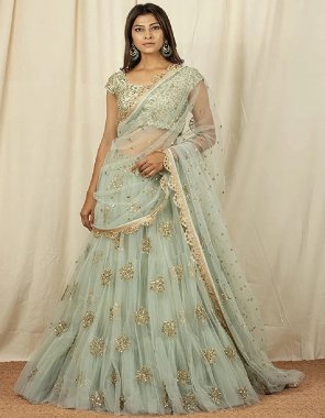 pasatal green choli - heavy top dyed net with embroidery codding sequance stone work | lehenga - heavy net with embroidery codding sequance stone work | inner - japani satin santoon | dupatta - heavy net embroidery stone work | length - max upto 46 | size - free size | flair - 3.20 m | type - semi stitched ( material )  fabric embroidery work casual 