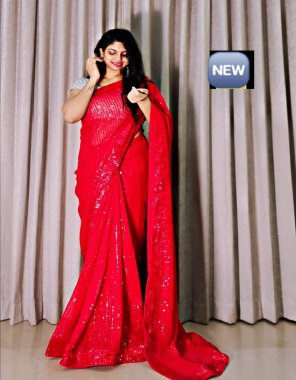 red saree - soft georgette with double stitch sequance work | blouse - heavy mono silk  fabric sequance work party wear 