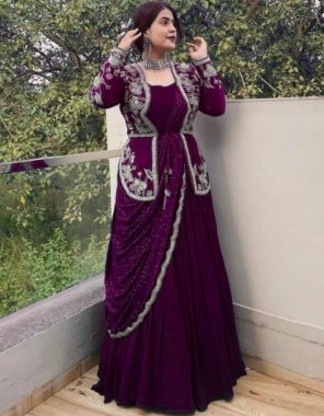 purple gown - heavy chinon with attached dupatta | inner - heavy micro cotton | jacket - chinon with embroidery work | size - xl 42 full stitched (  upto 44 xxl margin ) | flair - 3.5m | dupatta - chinon sequance fabric embroidery work festive 