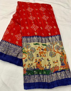 red saree - soft tussar silk slub ( golden zari weaving ) | blouse - soft tussar silk fabric weaving work casual 