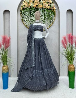 grey choli - georgette with embroidery sequance work | size - unstitched upto 44| lehenga - georgette | inner - silk with embroidery and sequance work | size - xxl | stitching type - semi stitched upto 42 | flair - 3.5 m with canvas  patta | dupatta - georgette embroidery with sequance with four side border  fabric embroidery work festive 