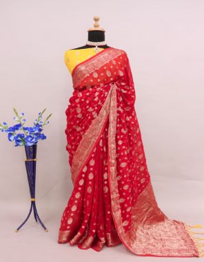 red pure viscose georgette with zari weaving fabric weaving work ethnic 