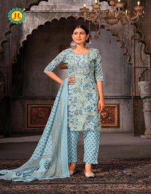 sky blue top - embroidered work lawn fabric | pant - lawn | dupatta - mal printed with four side lace fabric embroidery work ethnic 