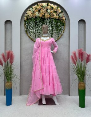baby pink suit - faux georgette with inner  | work - thread with sequance work | size - m ( 38 ) | l ( 40 ) | xl ( 42 ) | flair - 13 m |lenght - 50 + | padded with tassels | pant - crep with lace work | size - free ( stitched with elastic ) | dupatta - faux georgette  thread with sequance work ( 2.2 m) fabric sequance work work party wear  