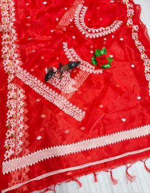red saree - organza silk | blouse - unstitched organza silk with embroidery work fabric embroidery work festive 