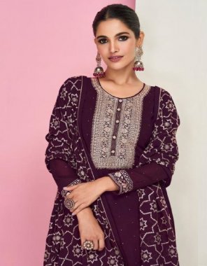 wine top - heavy georgette with sequance embroidery stone work | sleeves - heavy dola silk | inner - attached santoon | length - max upto 48 
