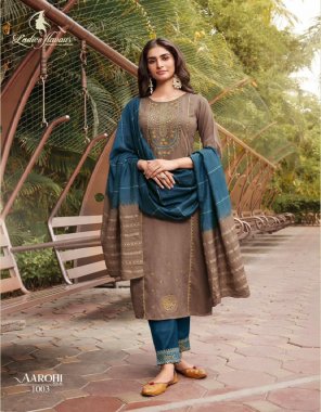 brown top - heavy chinon with embroidery sequance work | bottom - chinon with embroidery work | dupatta - pure fancy visocse ( 2.20 m cut & 34 panna )  fabric embroidery work festive 