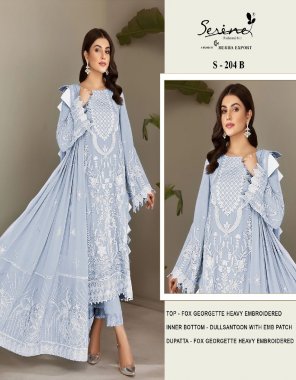 sky blue top - fox georgette heavy embroidered | inner bottom - dull santoon with emb patch | dupatta - fox georgette heavy embroidred [ pakistani copy ] fabric embroidery work festive 