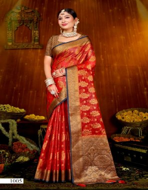red soft organza and fancy rich pallu jari design saree with unstitched blouse piece  fabric weaving work ethnic 