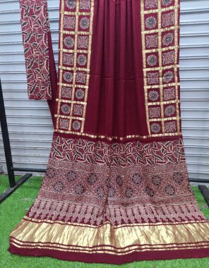 maroon lagdi pure gajji soft silk ajrakh lagdi patta saree | length - 6.30 m with blouse | width - 44 inches fabric printed work festive 
