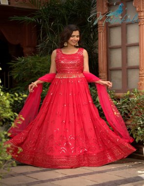 red gown - pure georgette with 4 sequance embroidery work | work - embroidery work | inner - full inner in all designe with cancan | dupatta - soft net with designer belt | length - max upto 57| flair - 4.30 m fabric embroidery work festive 