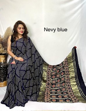 navy blue gajji silk ajrakh pallu chex saree  fabric printed work ethnic 