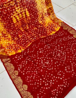 red art silk with zari weaving with hand bandhej  fabric weaving work ethnic 