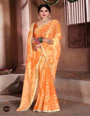 orange simmer chiffon and digital print saree with unstitched blouse piece fabric printed work ethnic 