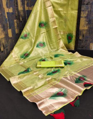 parrot green cotton organza saree with zari weaving border and print work  fabric zari weaving work ethnic 
